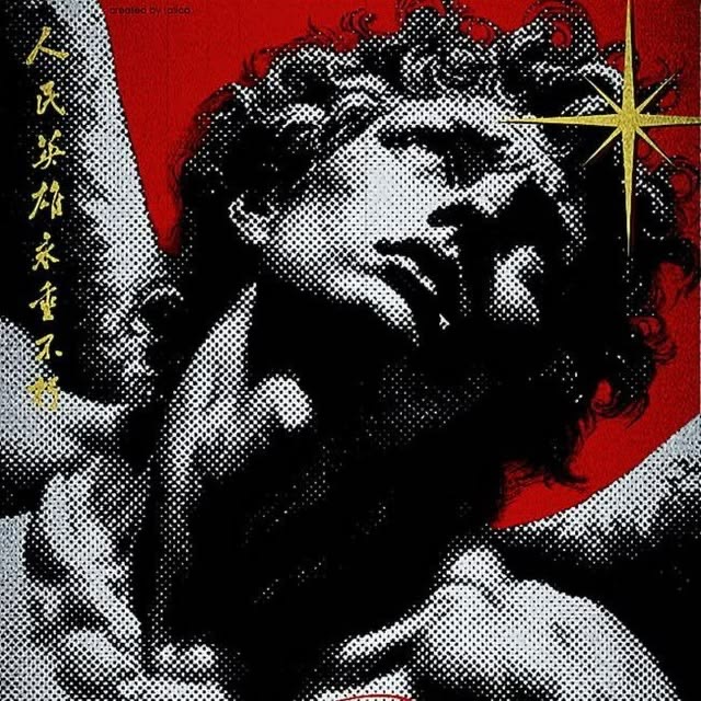 Classical figure rendered in black, ivory, crimson and gold